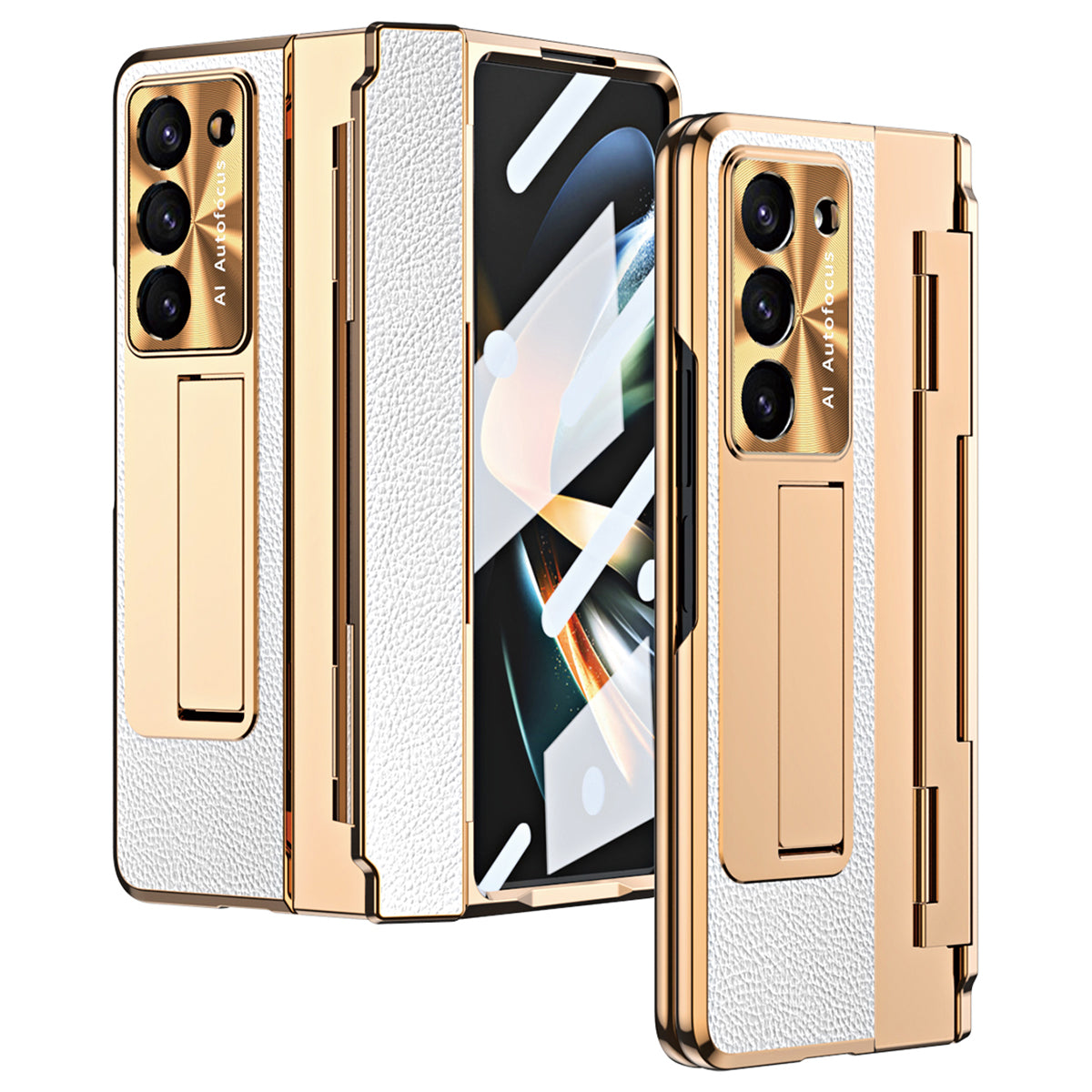 For Samsung Galaxy Z Fold6 5G Case Leather+PC Kickstand Phone Cover with Tempered Glass Film - Gold+White For Samsung Galaxy Z Fold6 5G Case Leather+PC Kickstand Phone Cover with Tempered Glass Film - Gold+White